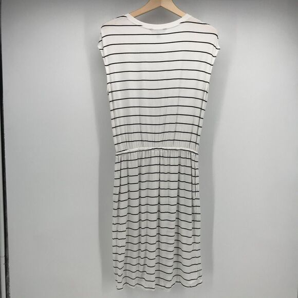Banana Republic Dress Small White Black Stripe Blouson Keyhole Neck Pockets - Picture 2 of 7